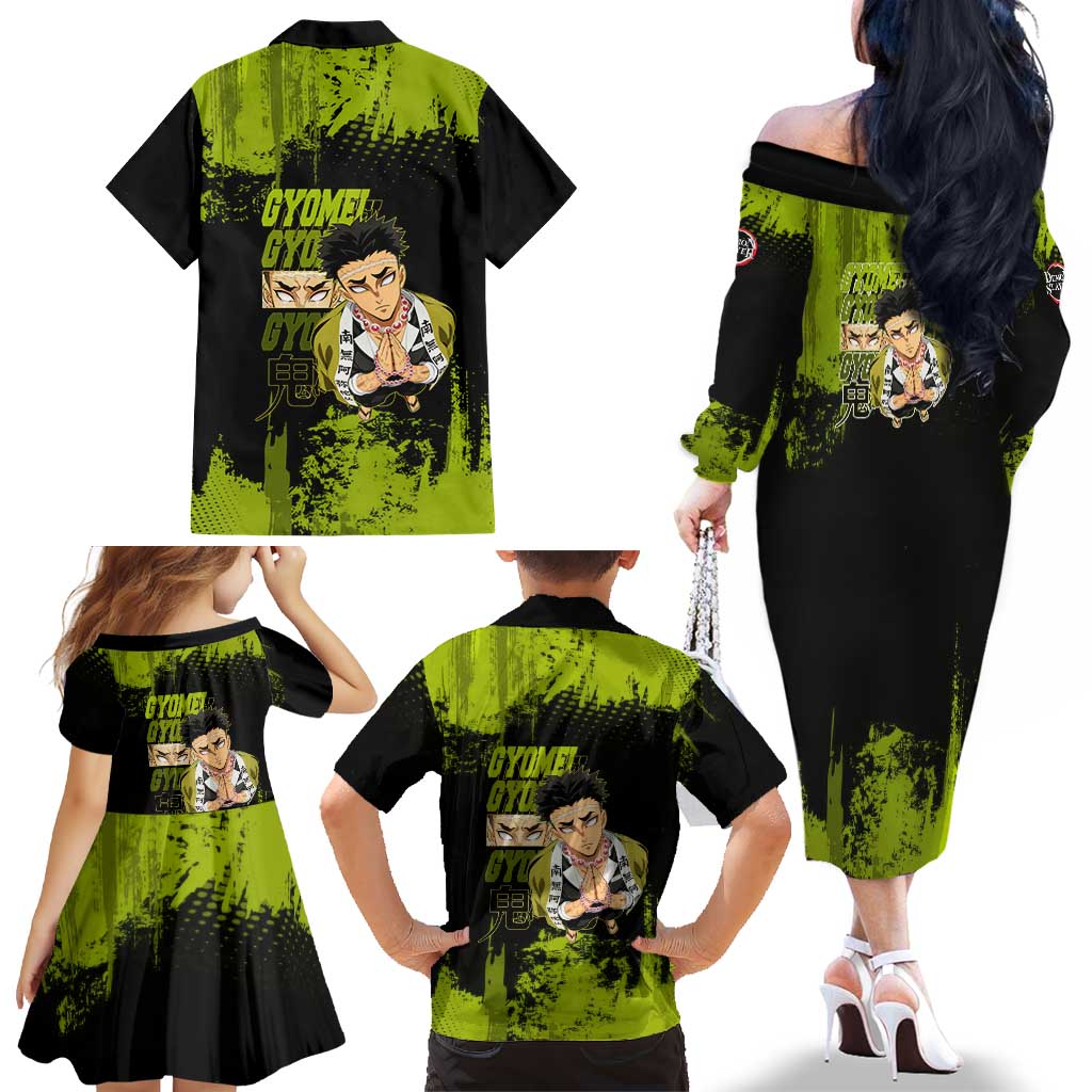 Gyomei Himejima Demon Slayer Bold Green Theme Family Matching Off The Shoulder Long Sleeve Dress and Hawaiian Shirt with Prayer Pose and Intense Expression Design