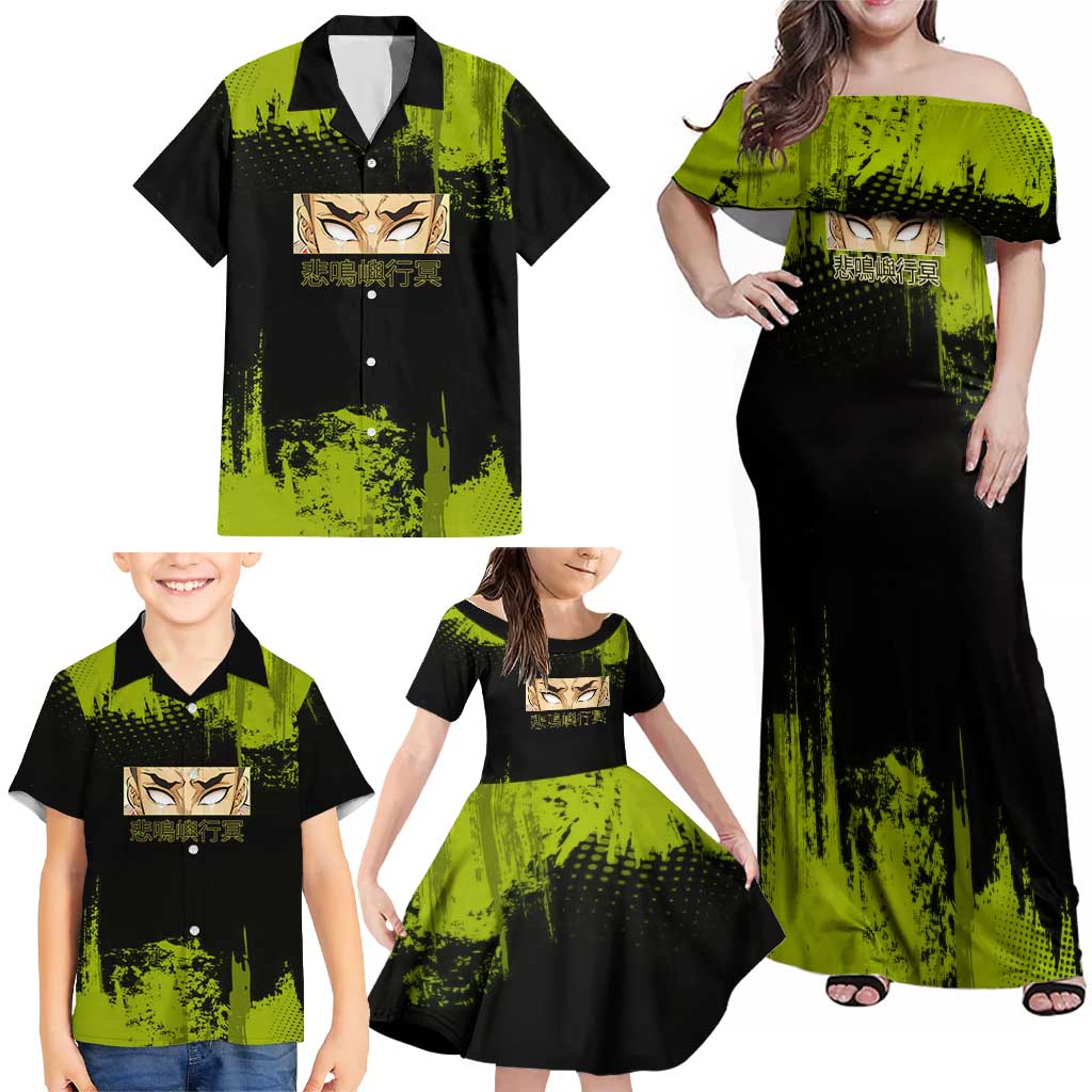 Gyomei Himejima Demon Slayer Bold Green Theme Family Matching Off Shoulder Maxi Dress and Hawaiian Shirt with Prayer Pose and Intense Expression Design