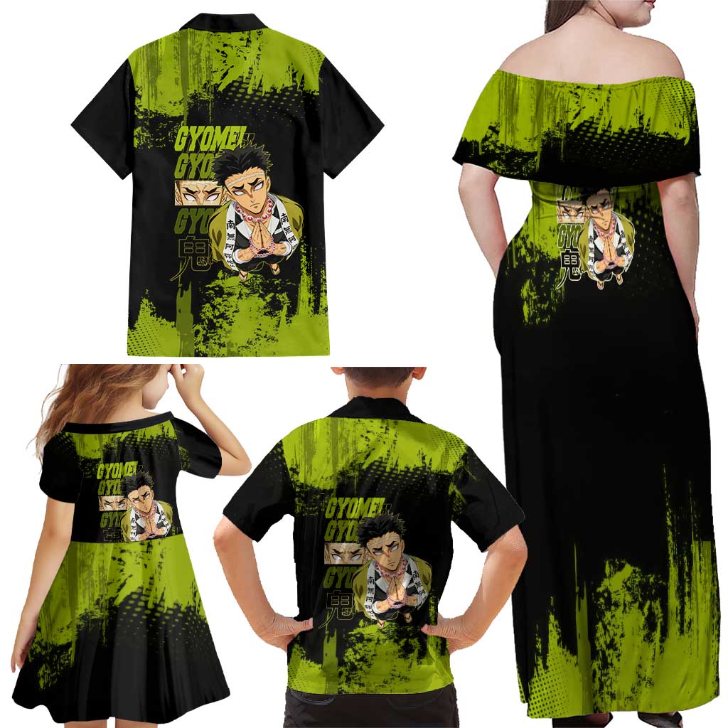 Gyomei Himejima Demon Slayer Bold Green Theme Family Matching Off Shoulder Maxi Dress and Hawaiian Shirt with Prayer Pose and Intense Expression Design