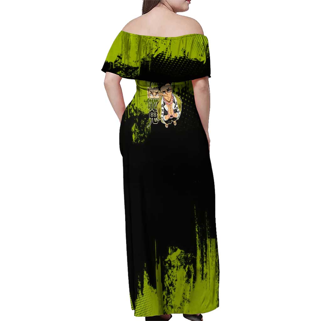 Gyomei Himejima Demon Slayer Bold Green Theme Family Matching Off Shoulder Maxi Dress and Hawaiian Shirt with Prayer Pose and Intense Expression Design