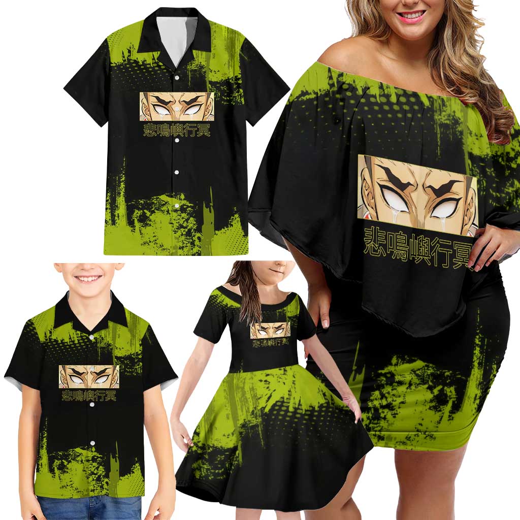 Gyomei Himejima Demon Slayer Bold Green Theme Family Matching Off Shoulder Short Dress and Hawaiian Shirt with Prayer Pose and Intense Expression Design
