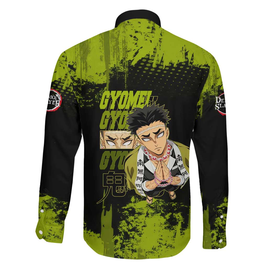 Gyomei Himejima Demon Slayer Bold Green Theme Family Matching Off Shoulder Short Dress and Hawaiian Shirt with Prayer Pose and Intense Expression Design