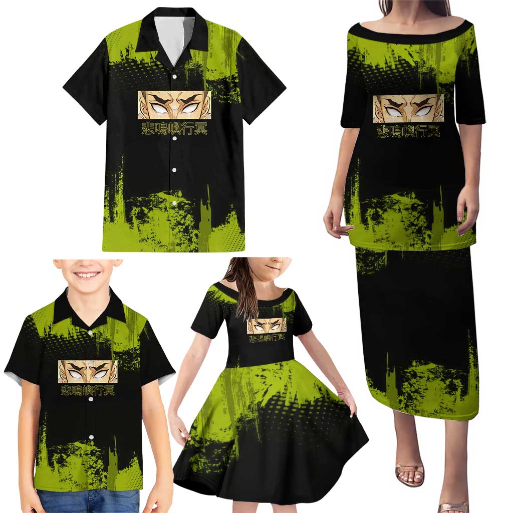 Gyomei Himejima Demon Slayer Bold Green Theme Family Matching Puletasi and Hawaiian Shirt with Prayer Pose and Intense Expression Design