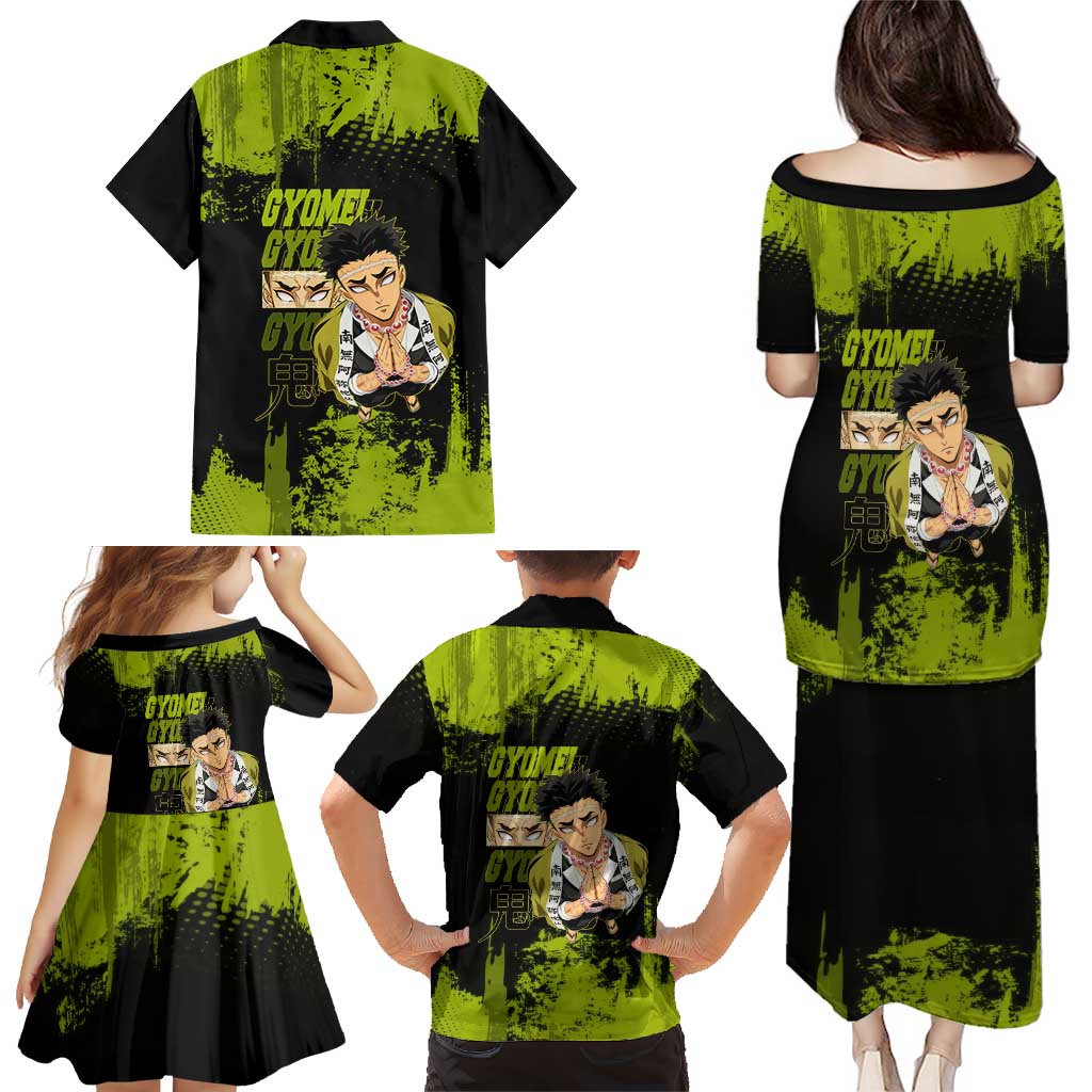 Gyomei Himejima Demon Slayer Bold Green Theme Family Matching Puletasi and Hawaiian Shirt with Prayer Pose and Intense Expression Design