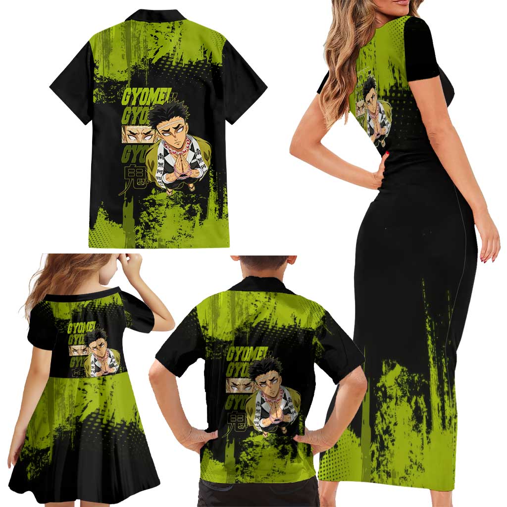 Gyomei Himejima Demon Slayer Bold Green Theme Family Matching Short Sleeve Bodycon Dress and Hawaiian Shirt with Prayer Pose and Intense Expression Design