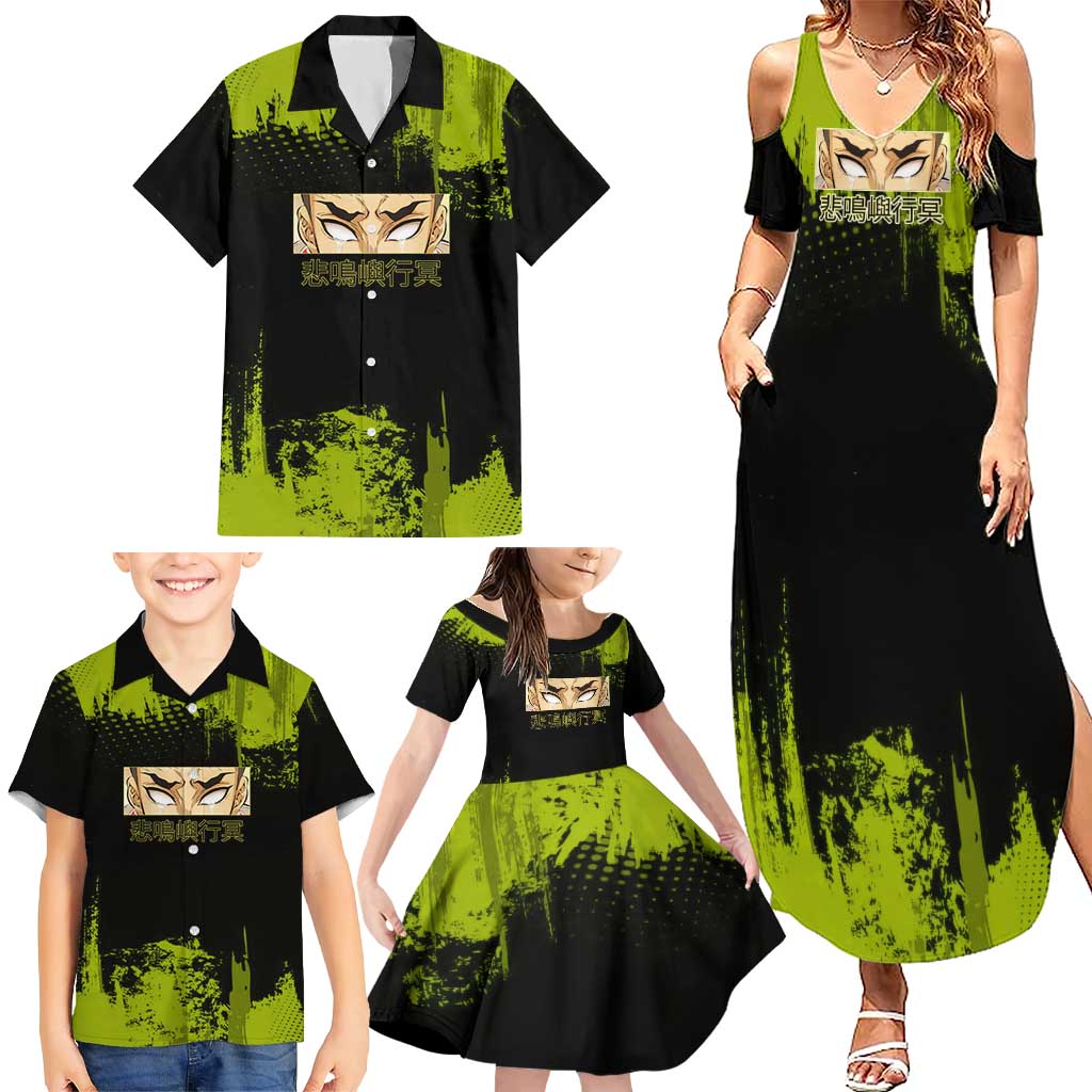 Gyomei Himejima Demon Slayer Bold Green Theme Family Matching Summer Maxi Dress and Hawaiian Shirt with Prayer Pose and Intense Expression Design