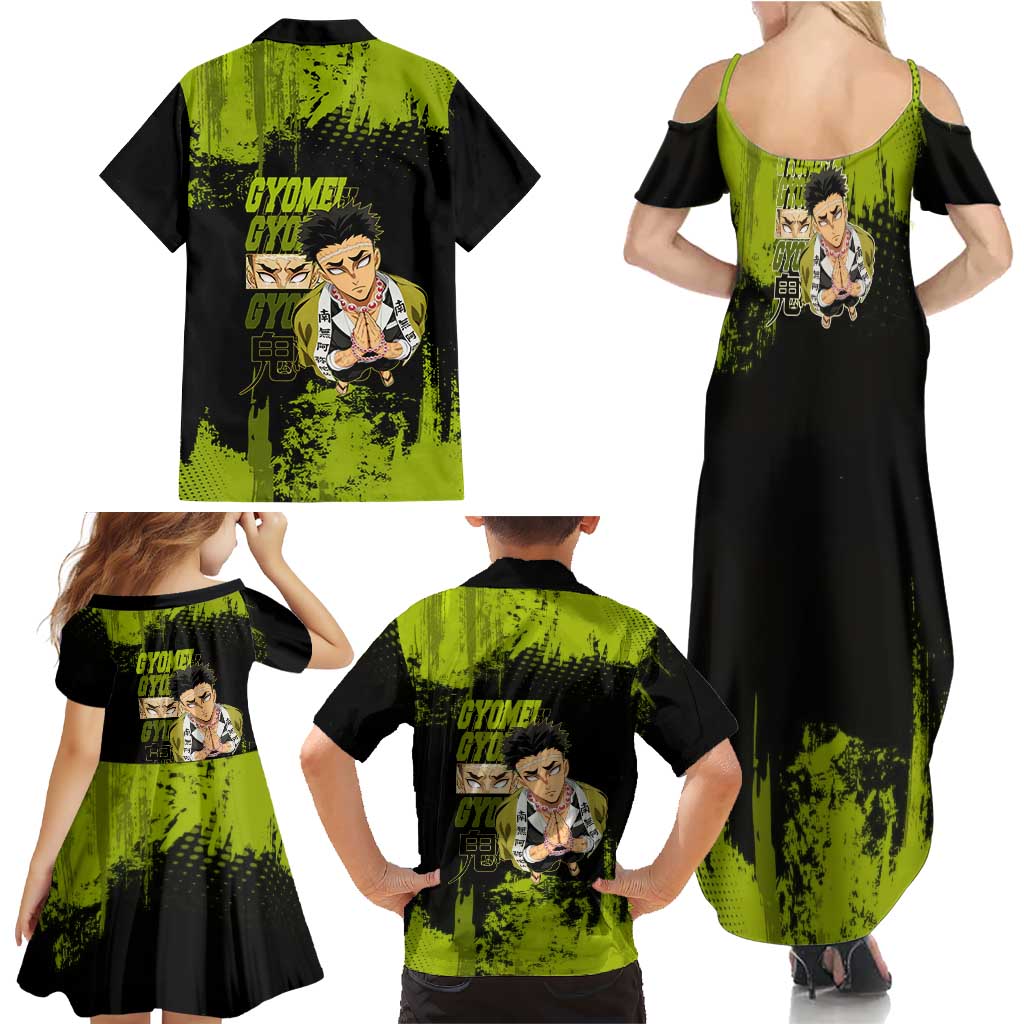 Gyomei Himejima Demon Slayer Bold Green Theme Family Matching Summer Maxi Dress and Hawaiian Shirt with Prayer Pose and Intense Expression Design