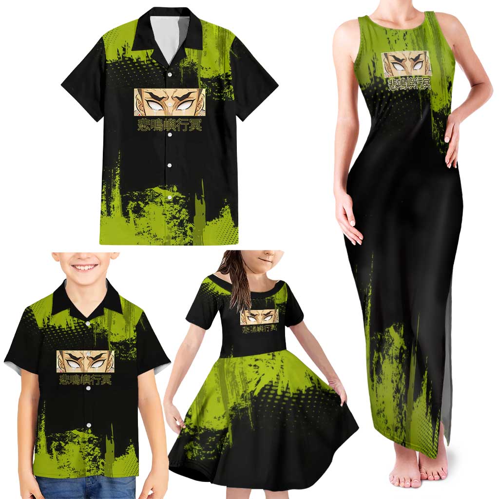Gyomei Himejima Demon Slayer Bold Green Theme Family Matching Tank Maxi Dress and Hawaiian Shirt with Prayer Pose and Intense Expression Design