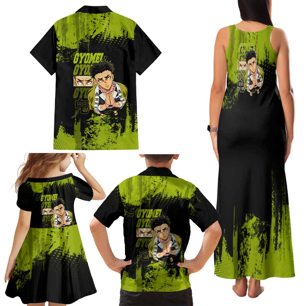 Gyomei Himejima Demon Slayer Bold Green Theme Family Matching Tank Maxi Dress and Hawaiian Shirt with Prayer Pose and Intense Expression Design