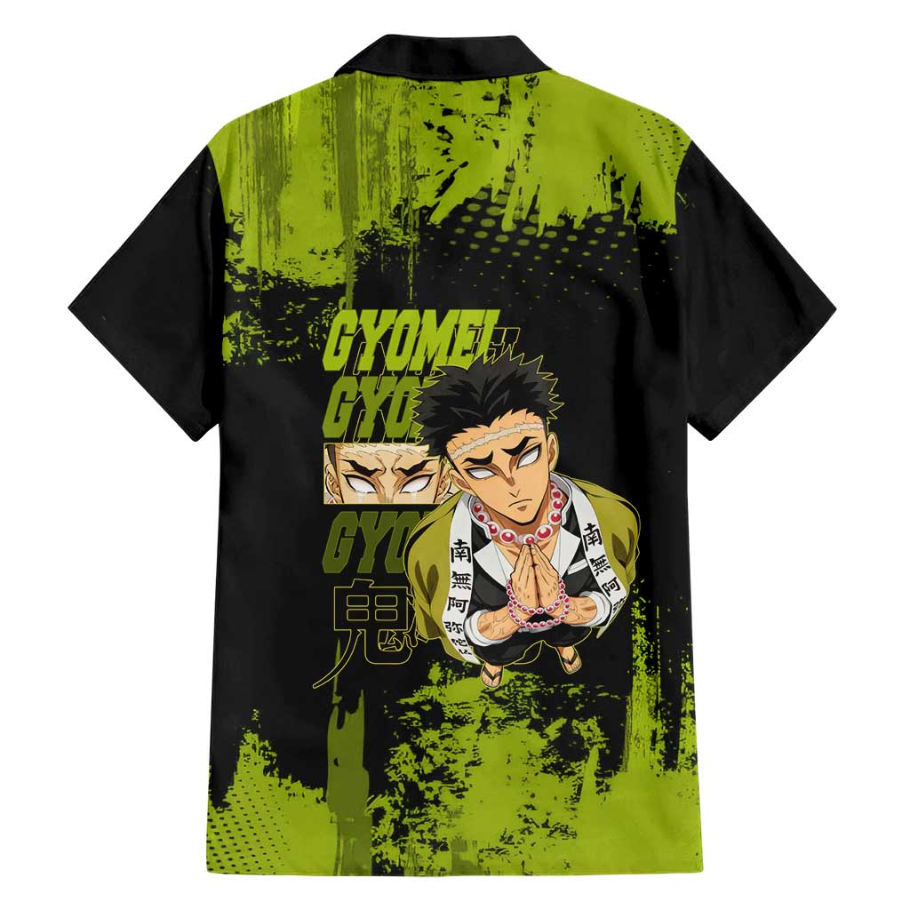 Gyomei Himejima Demon Slayer Bold Green Theme Family Matching Tank Maxi Dress and Hawaiian Shirt with Prayer Pose and Intense Expression Design