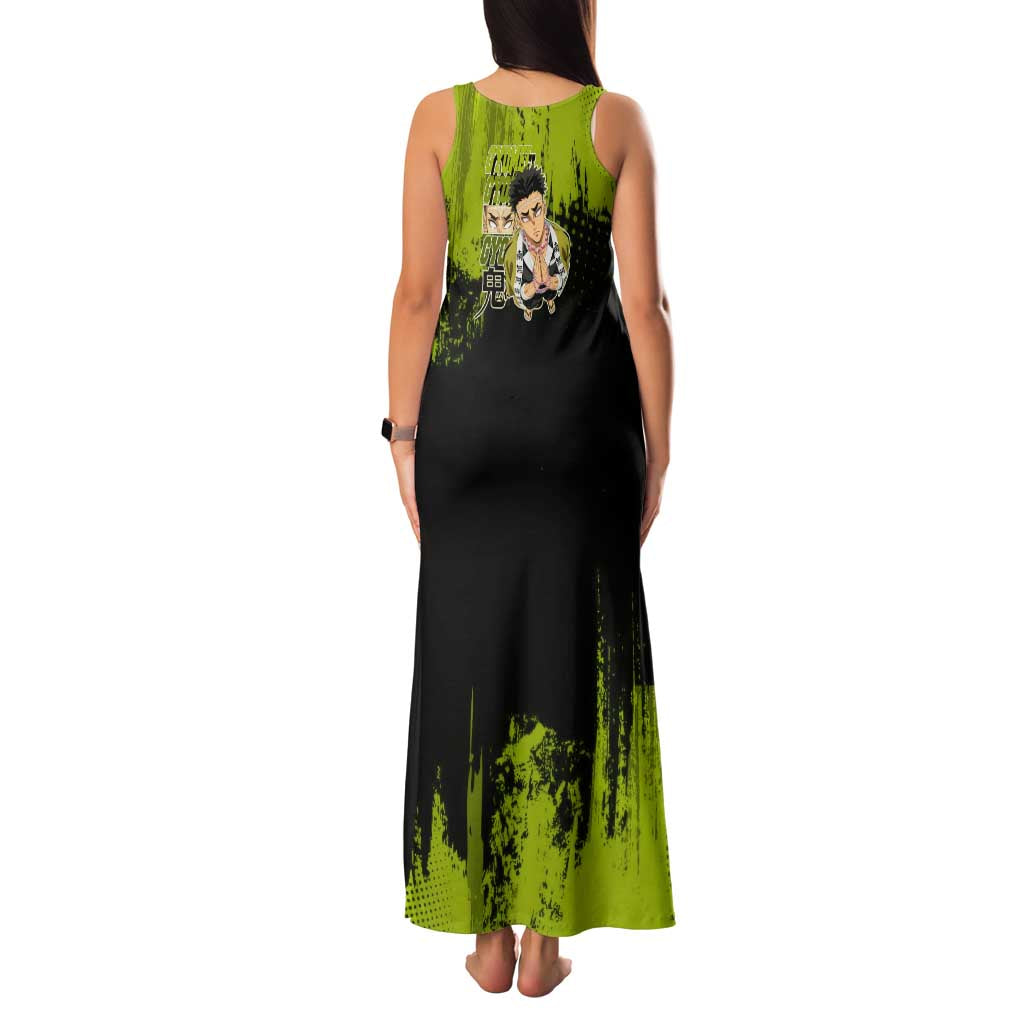 Gyomei Himejima Demon Slayer Bold Green Theme Family Matching Tank Maxi Dress and Hawaiian Shirt with Prayer Pose and Intense Expression Design