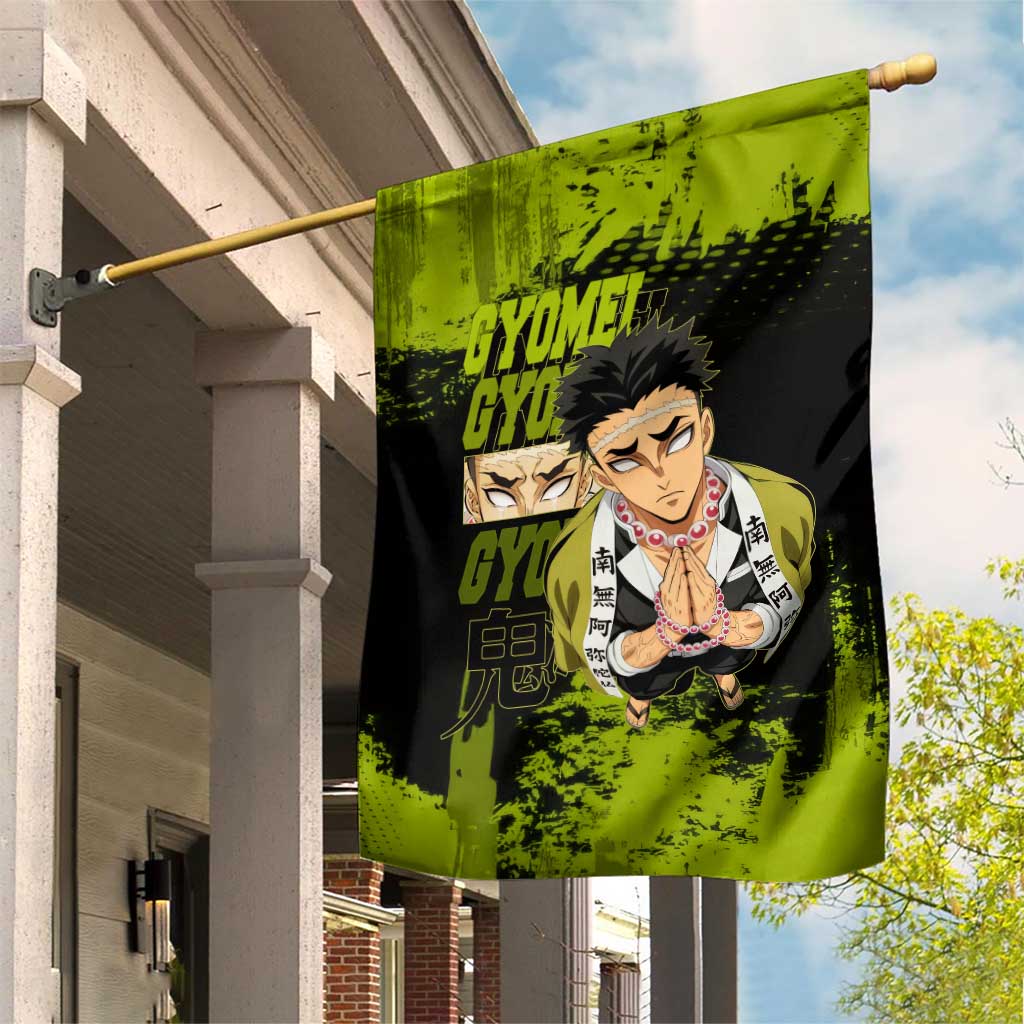 Gyomei Himejima Demon Slayer Bold Green Theme Garden Flag with Prayer Pose and Intense Expression Design - The Mazicc