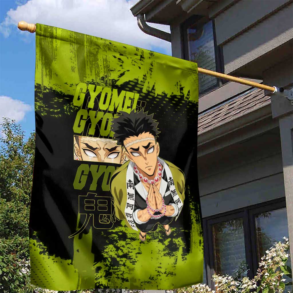 Gyomei Himejima Demon Slayer Bold Green Theme Garden Flag with Prayer Pose and Intense Expression Design - The Mazicc
