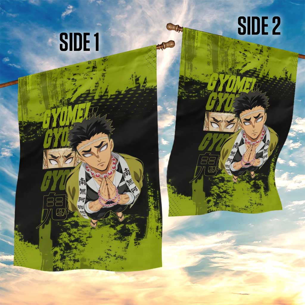 Gyomei Himejima Demon Slayer Bold Green Theme Garden Flag with Prayer Pose and Intense Expression Design - The Mazicc