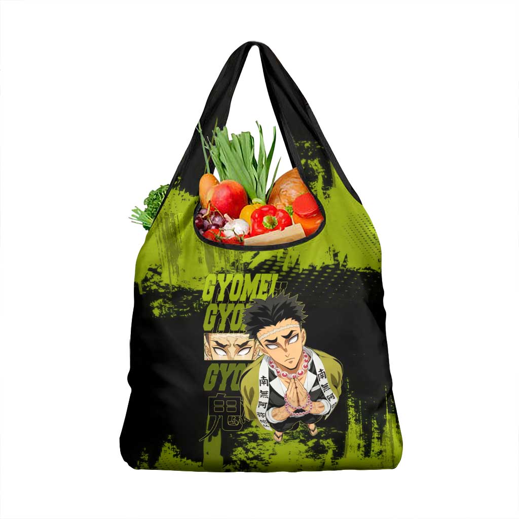 Gyomei Himejima Demon Slayer Bold Green Theme Grocery Bag with Prayer Pose and Intense Expression Design - The Mazicc
