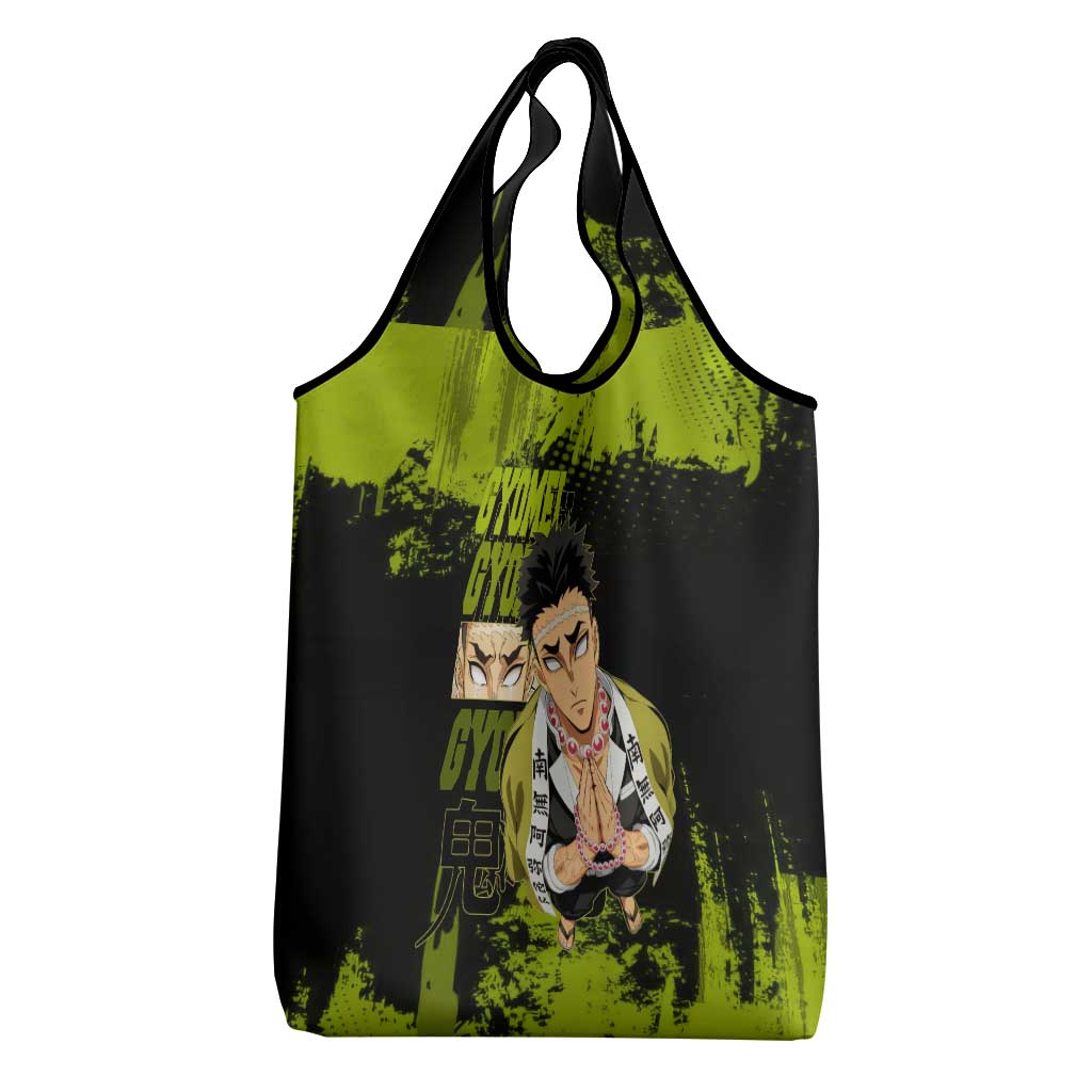 Gyomei Himejima Demon Slayer Bold Green Theme Grocery Bag with Prayer Pose and Intense Expression Design - The Mazicc