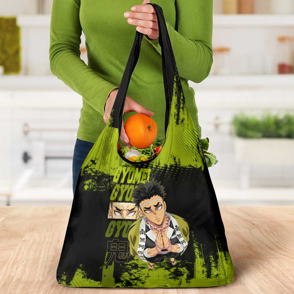 Gyomei Himejima Demon Slayer Bold Green Theme Grocery Bag with Prayer Pose and Intense Expression Design - The Mazicc