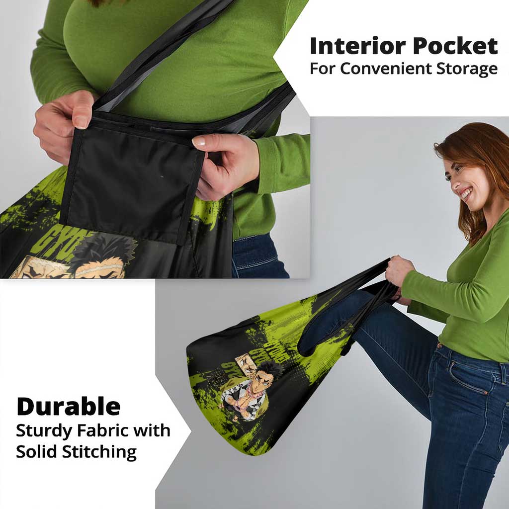 Gyomei Himejima Demon Slayer Bold Green Theme Grocery Bag with Prayer Pose and Intense Expression Design - The Mazicc