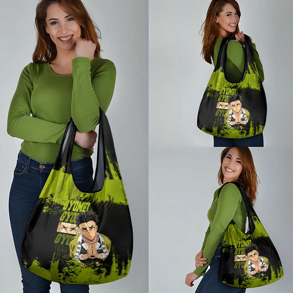 Gyomei Himejima Demon Slayer Bold Green Theme Grocery Bag with Prayer Pose and Intense Expression Design - The Mazicc