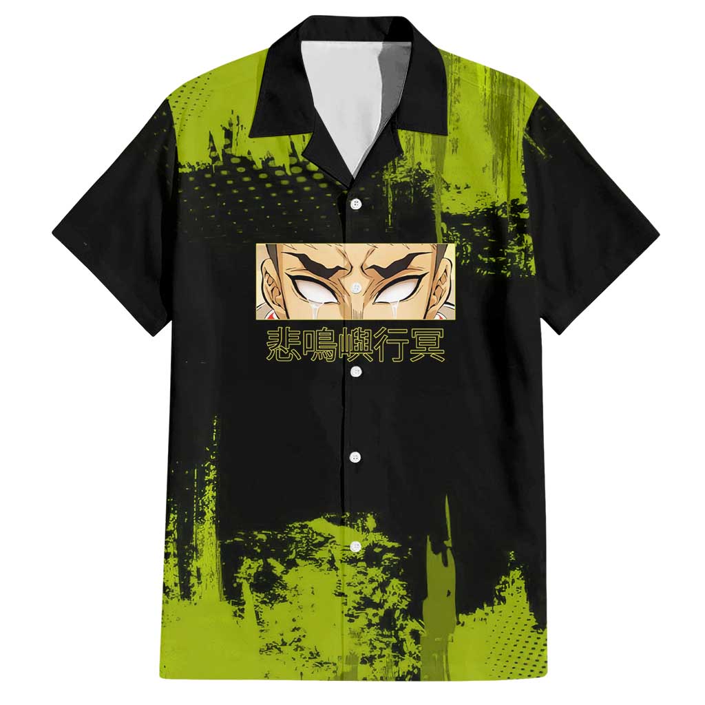 Gyomei Himejima Demon Slayer Bold Green Theme Hawaiian Shirt with Prayer Pose and Intense Expression Design - The Mazicc