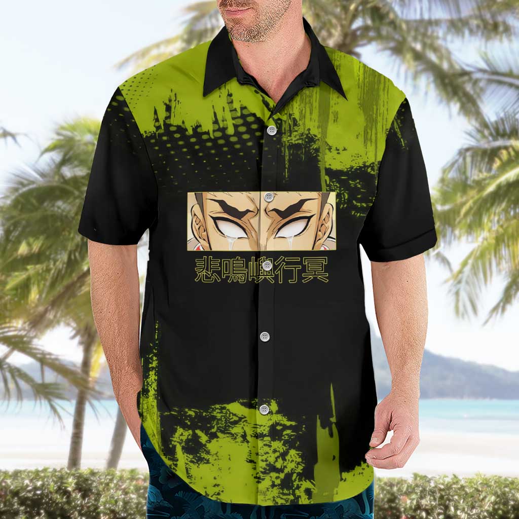 Gyomei Himejima Demon Slayer Bold Green Theme Hawaiian Shirt with Prayer Pose and Intense Expression Design - The Mazicc