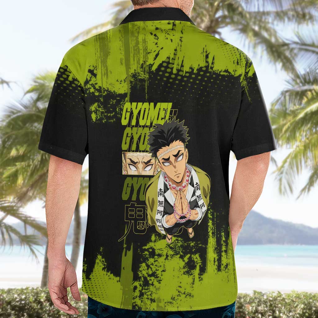 Gyomei Himejima Demon Slayer Bold Green Theme Hawaiian Shirt with Prayer Pose and Intense Expression Design - The Mazicc