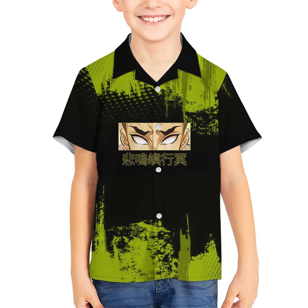 Gyomei Himejima Demon Slayer Bold Green Theme Hawaiian Shirt with Prayer Pose and Intense Expression Design - The Mazicc