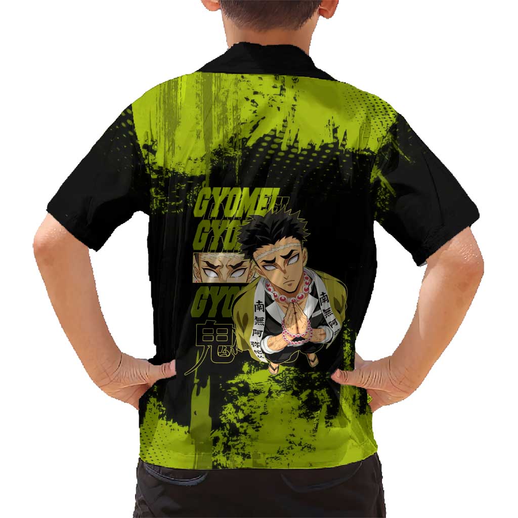 Gyomei Himejima Demon Slayer Bold Green Theme Hawaiian Shirt with Prayer Pose and Intense Expression Design - The Mazicc