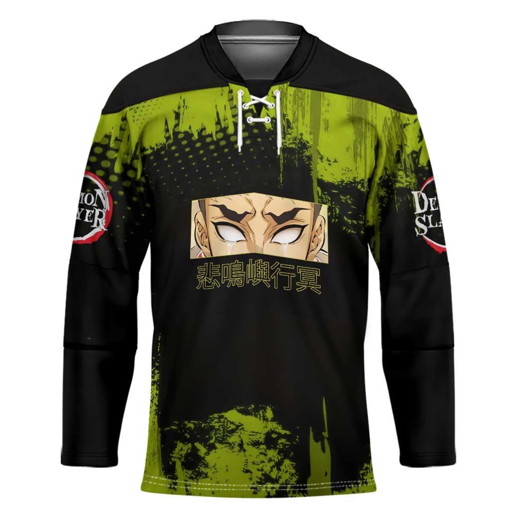 Gyomei Himejima Demon Slayer Bold Green Theme Hockey Jersey with Prayer Pose and Intense Expression Design - The Mazicc