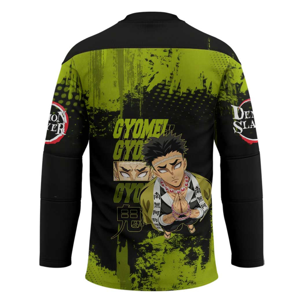 Gyomei Himejima Demon Slayer Bold Green Theme Hockey Jersey with Prayer Pose and Intense Expression Design - The Mazicc