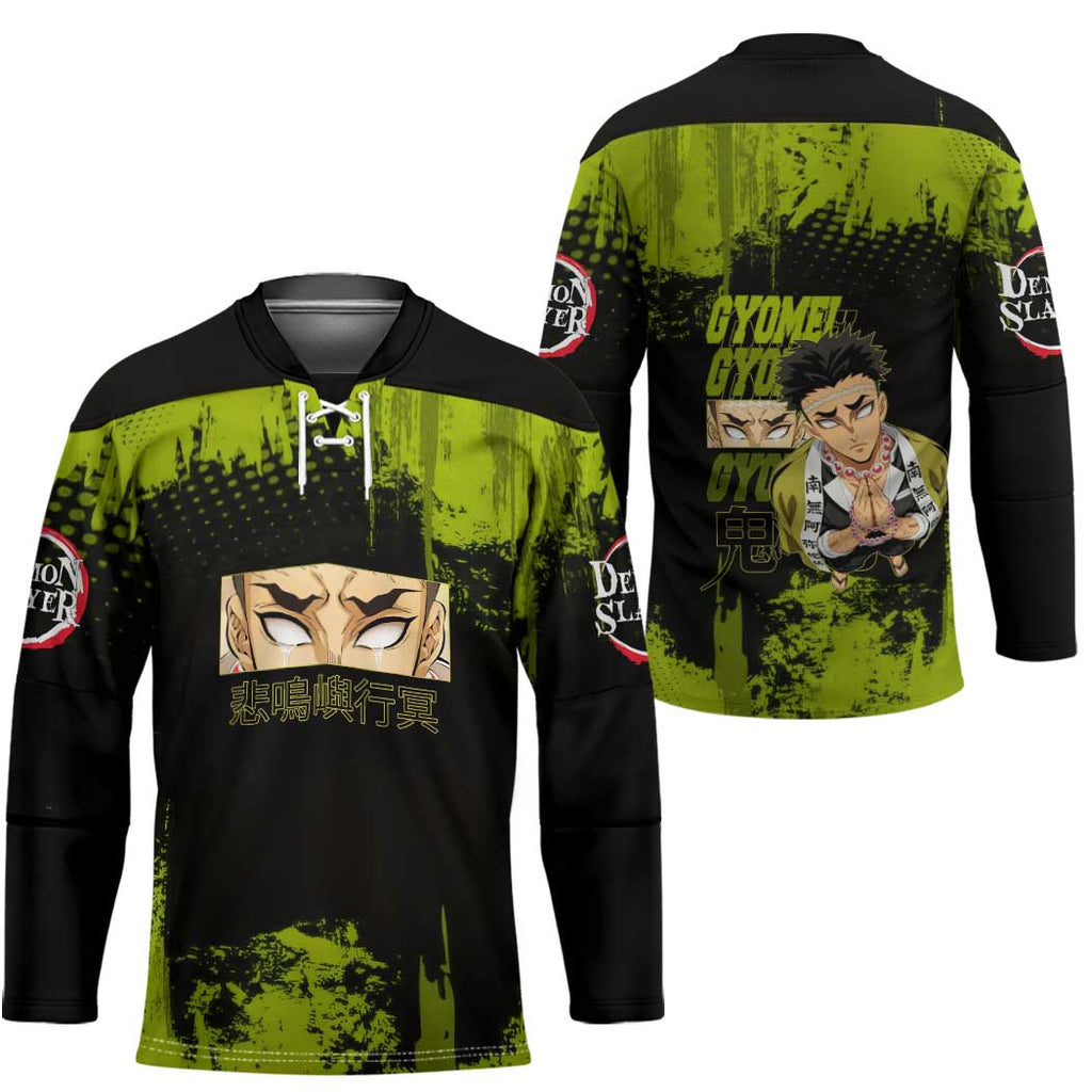 Gyomei Himejima Demon Slayer Bold Green Theme Hockey Jersey with Prayer Pose and Intense Expression Design - The Mazicc