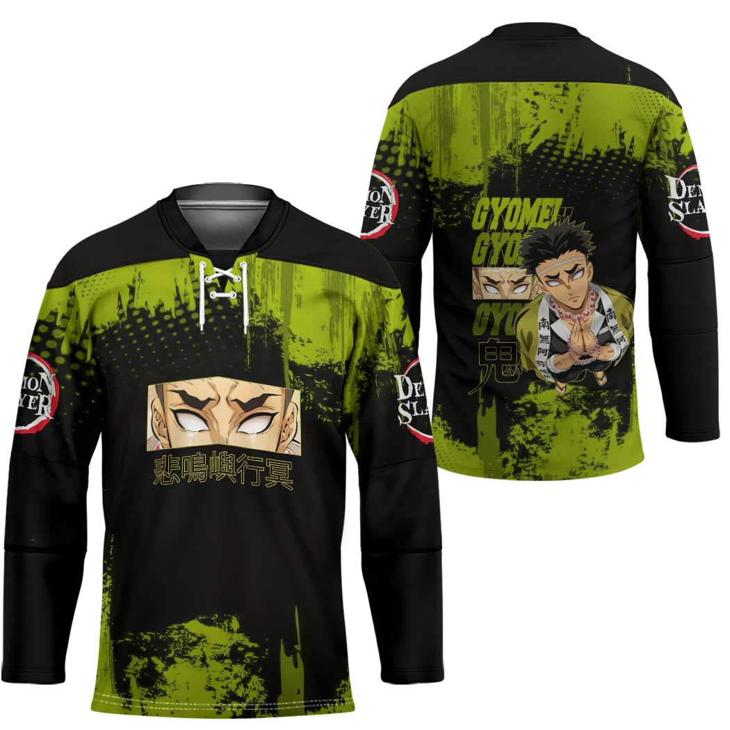 Gyomei Himejima Demon Slayer Bold Green Theme Hockey Jersey with Prayer Pose and Intense Expression Design - The Mazicc