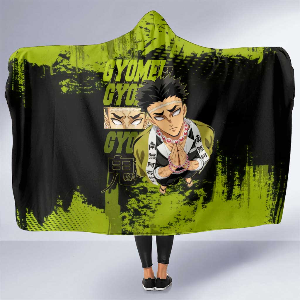 Gyomei Himejima Demon Slayer Bold Green Theme Hooded Blanket with Prayer Pose and Intense Expression Design - The Mazicc