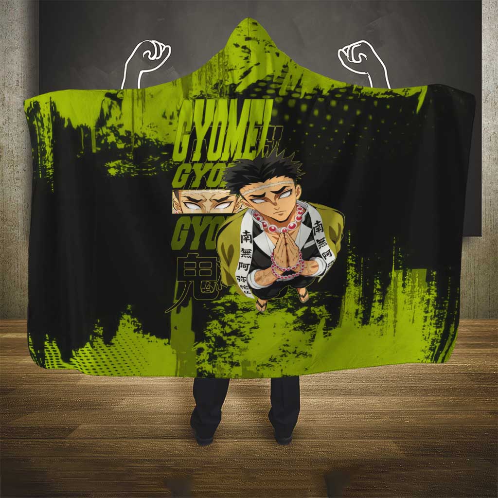 Gyomei Himejima Demon Slayer Bold Green Theme Hooded Blanket with Prayer Pose and Intense Expression Design - The Mazicc