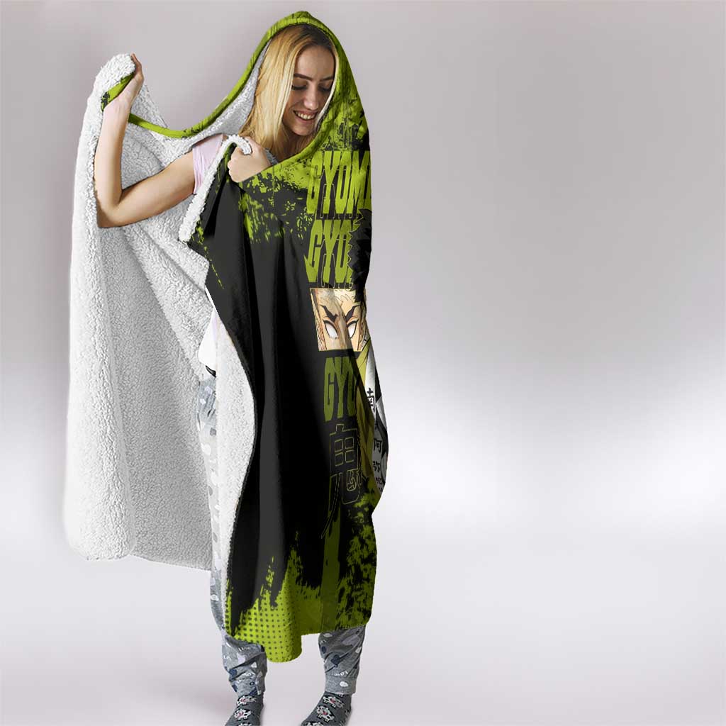Gyomei Himejima Demon Slayer Bold Green Theme Hooded Blanket with Prayer Pose and Intense Expression Design - The Mazicc
