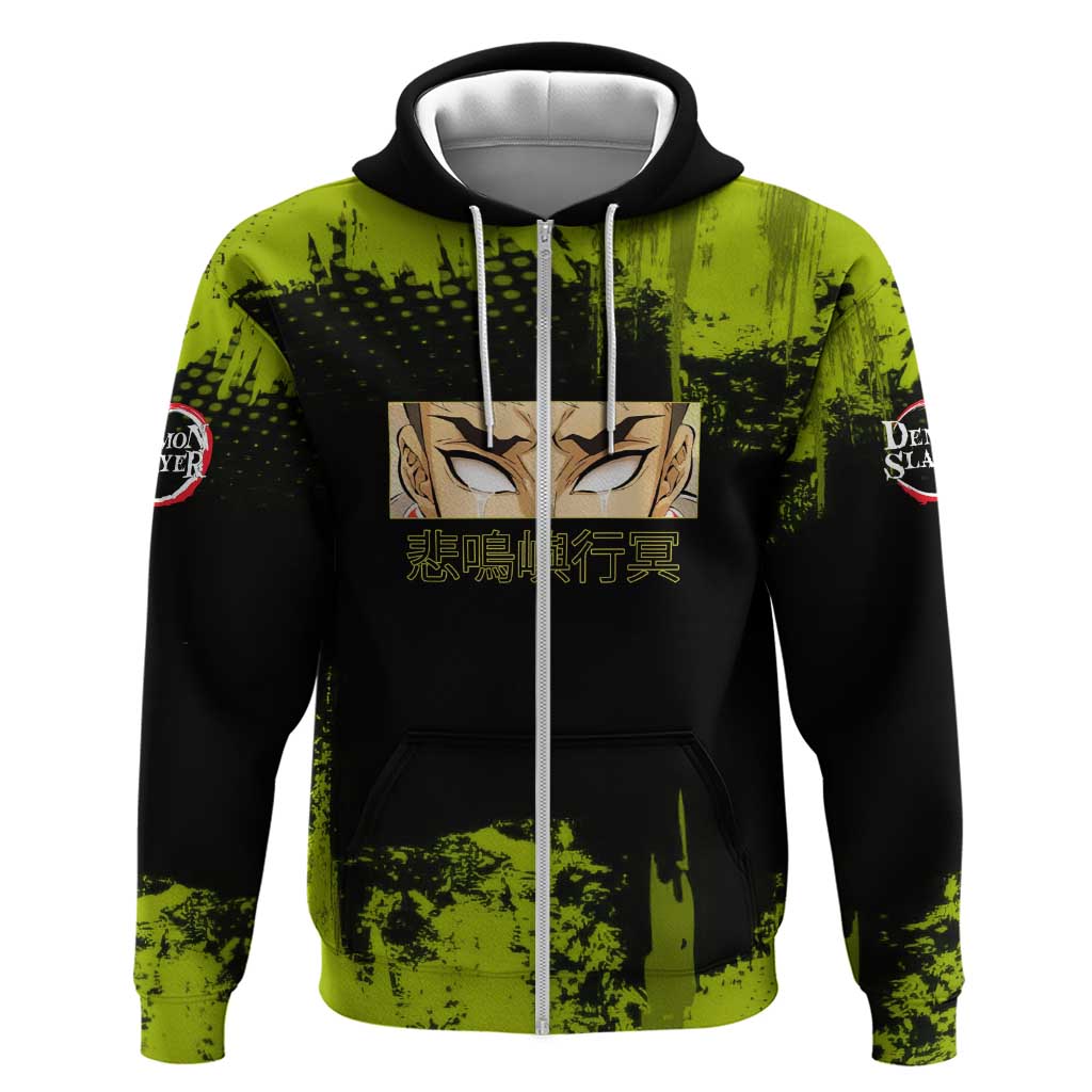 Gyomei Himejima Demon Slayer Bold Green Theme Hoodie with Prayer Pose and Intense Expression Design - The Mazicc