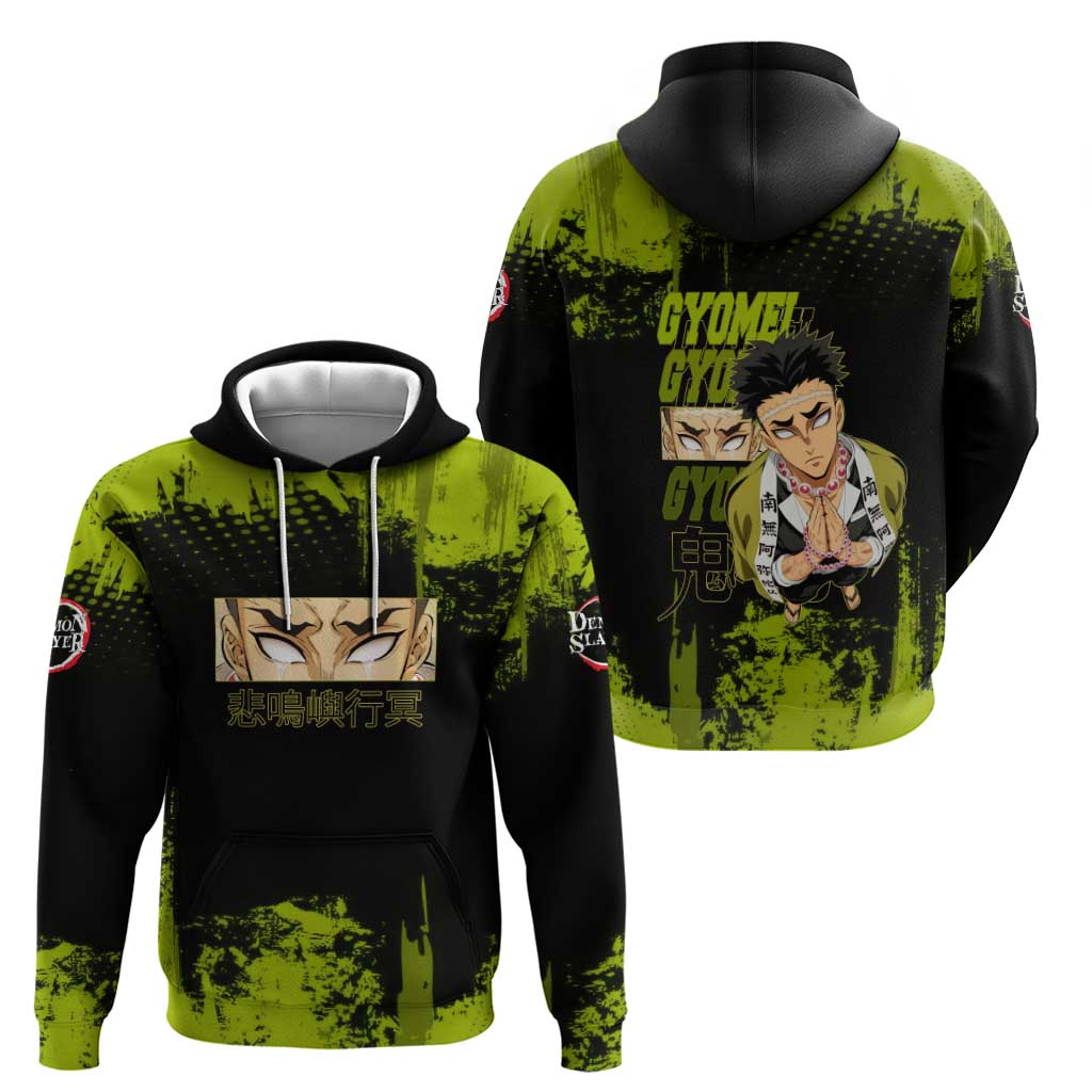 Gyomei Himejima Demon Slayer Bold Green Theme Hoodie with Prayer Pose and Intense Expression Design - The Mazicc