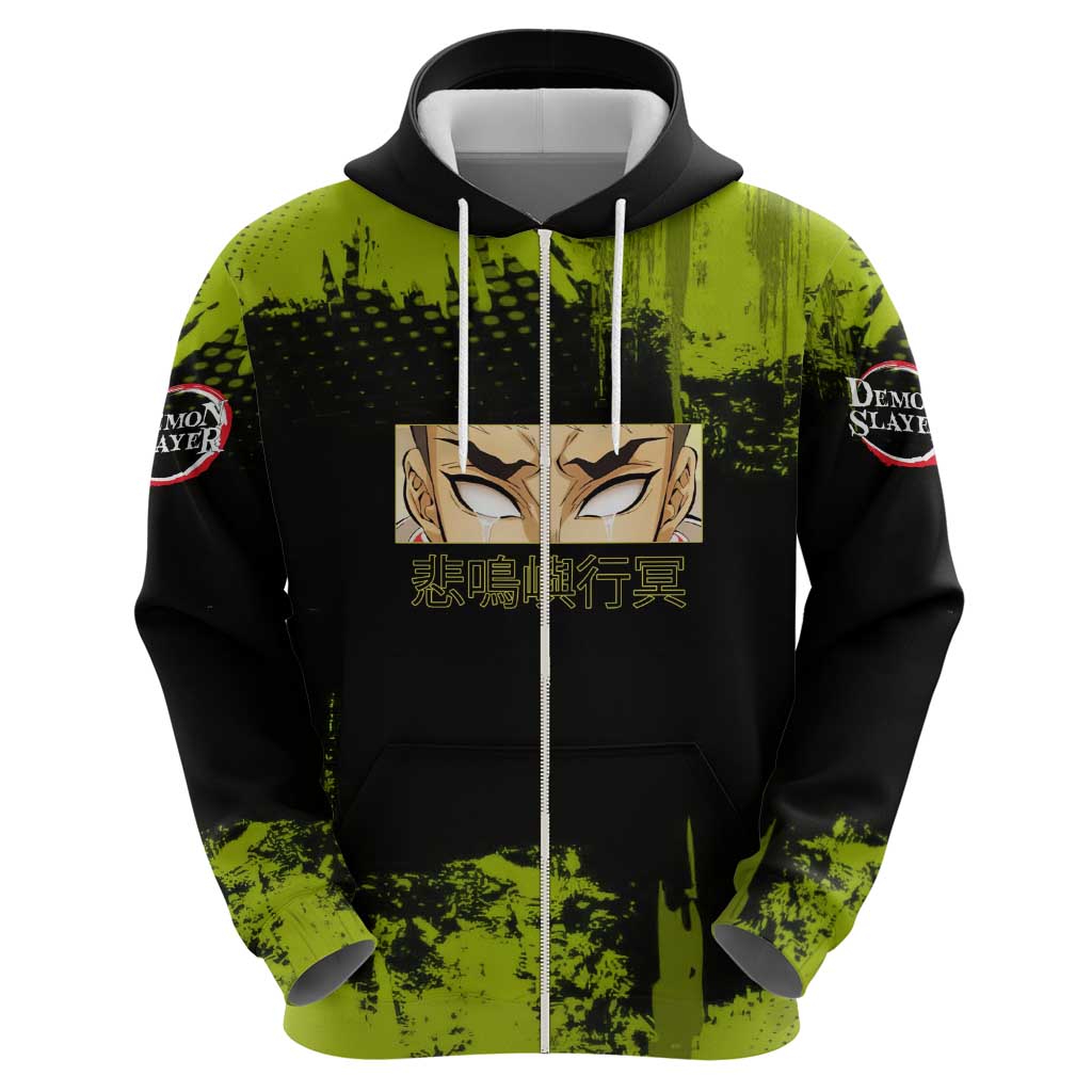 Gyomei Himejima Demon Slayer Bold Green Theme Hoodie with Prayer Pose and Intense Expression Design - The Mazicc