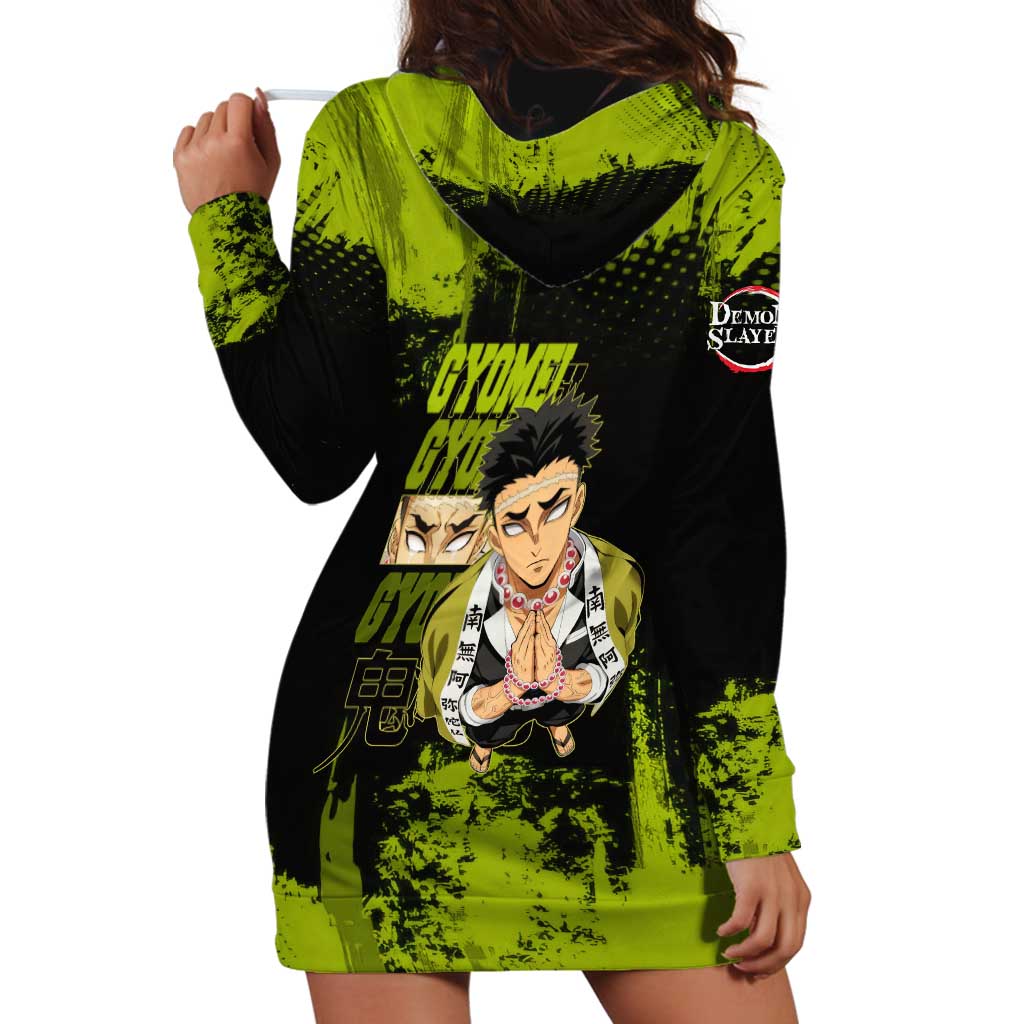Gyomei Himejima Demon Slayer Bold Green Theme Hoodie Dress with Prayer Pose and Intense Expression Design - The Mazicc