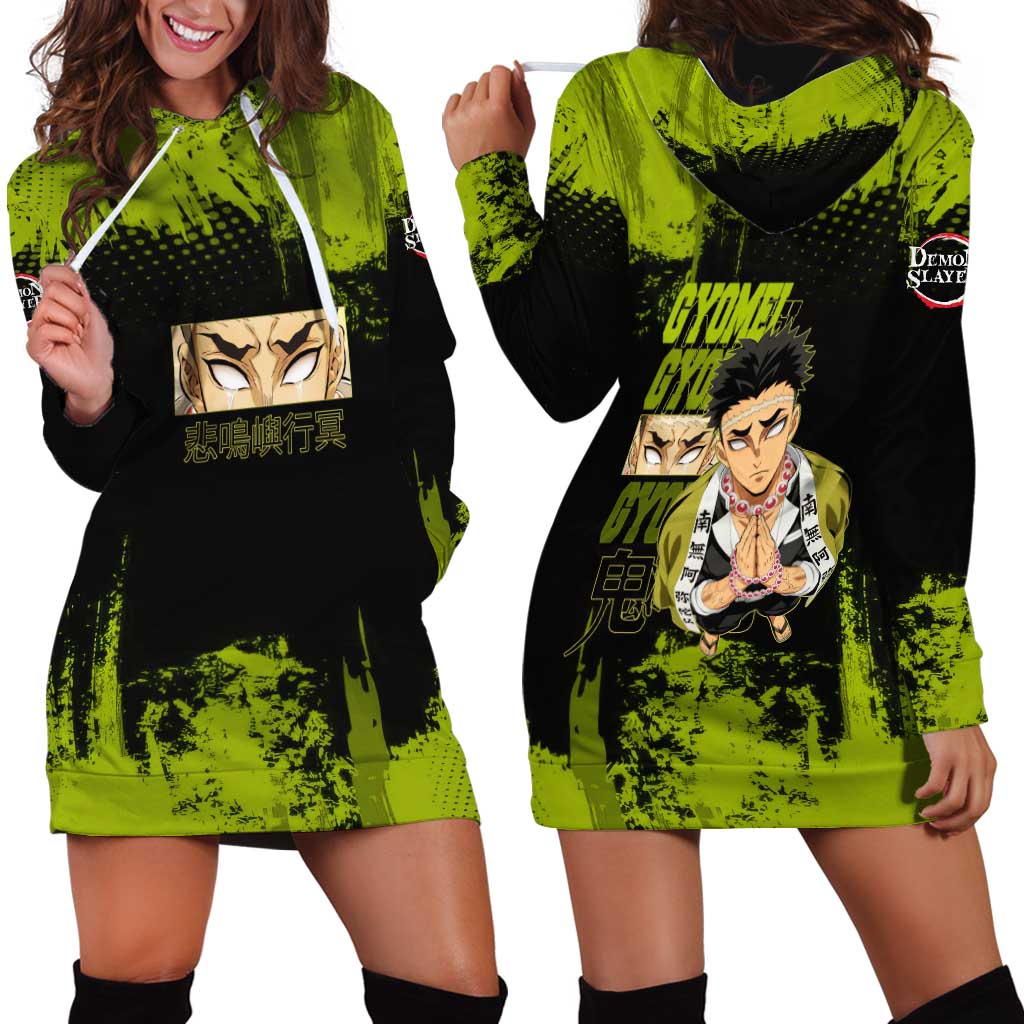 Gyomei Himejima Demon Slayer Bold Green Theme Hoodie Dress with Prayer Pose and Intense Expression Design - The Mazicc