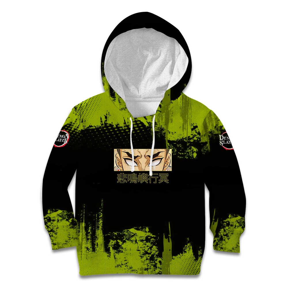 Gyomei Himejima Demon Slayer Bold Green Theme Kid Hoodie with Prayer Pose and Intense Expression Design - The Mazicc