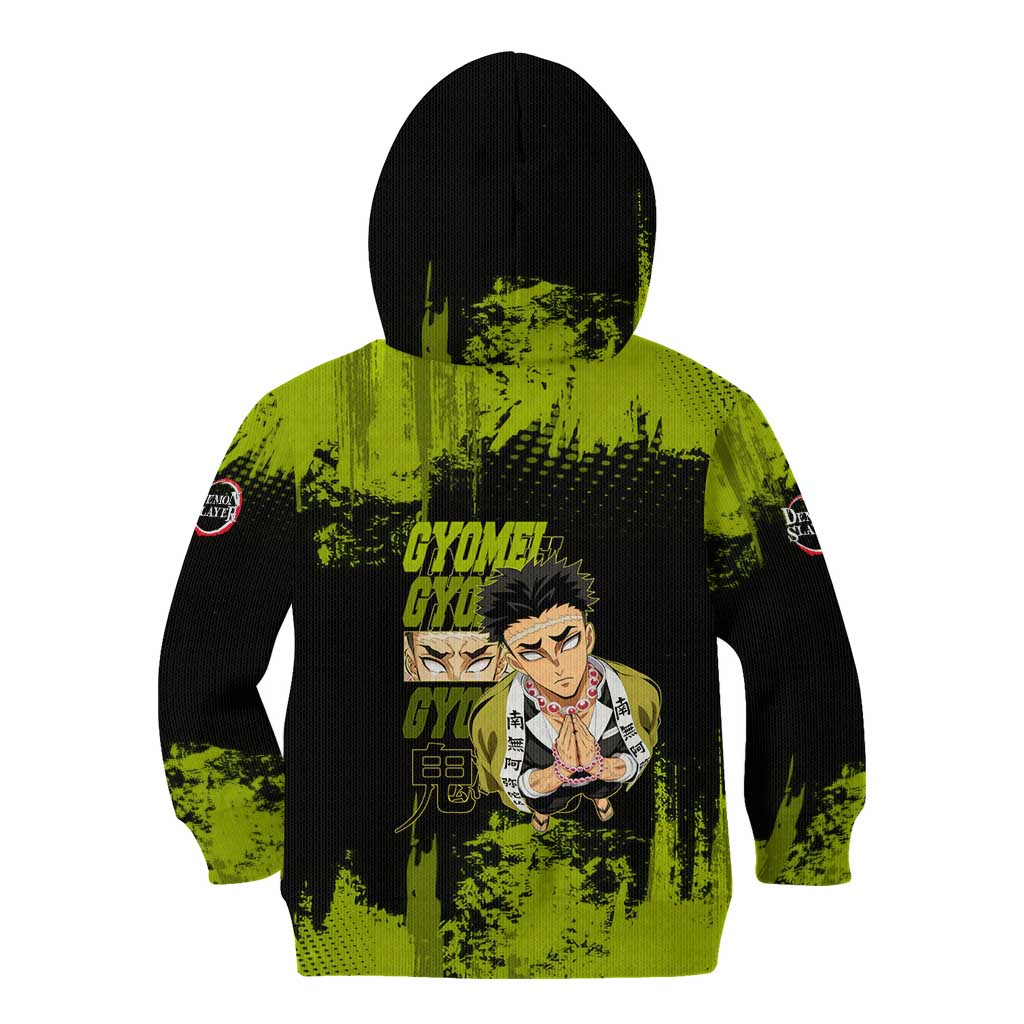 Gyomei Himejima Demon Slayer Bold Green Theme Kid Hoodie with Prayer Pose and Intense Expression Design - The Mazicc