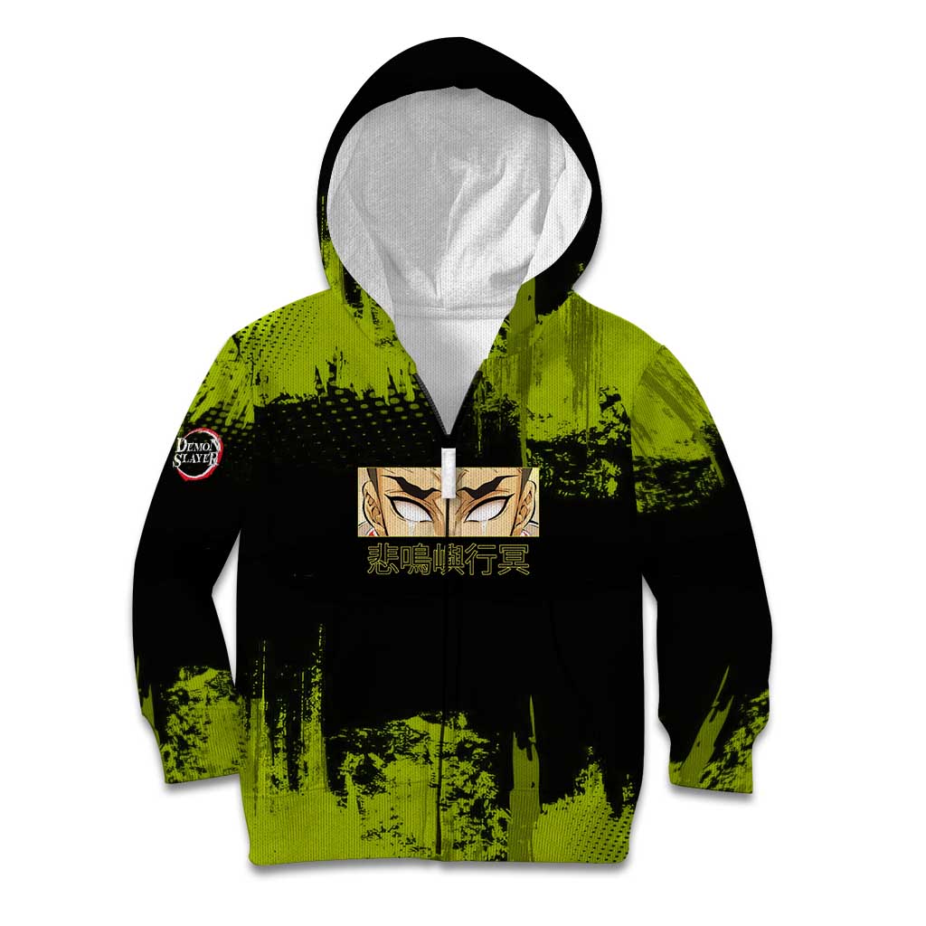 Gyomei Himejima Demon Slayer Bold Green Theme Kid Hoodie with Prayer Pose and Intense Expression Design - The Mazicc