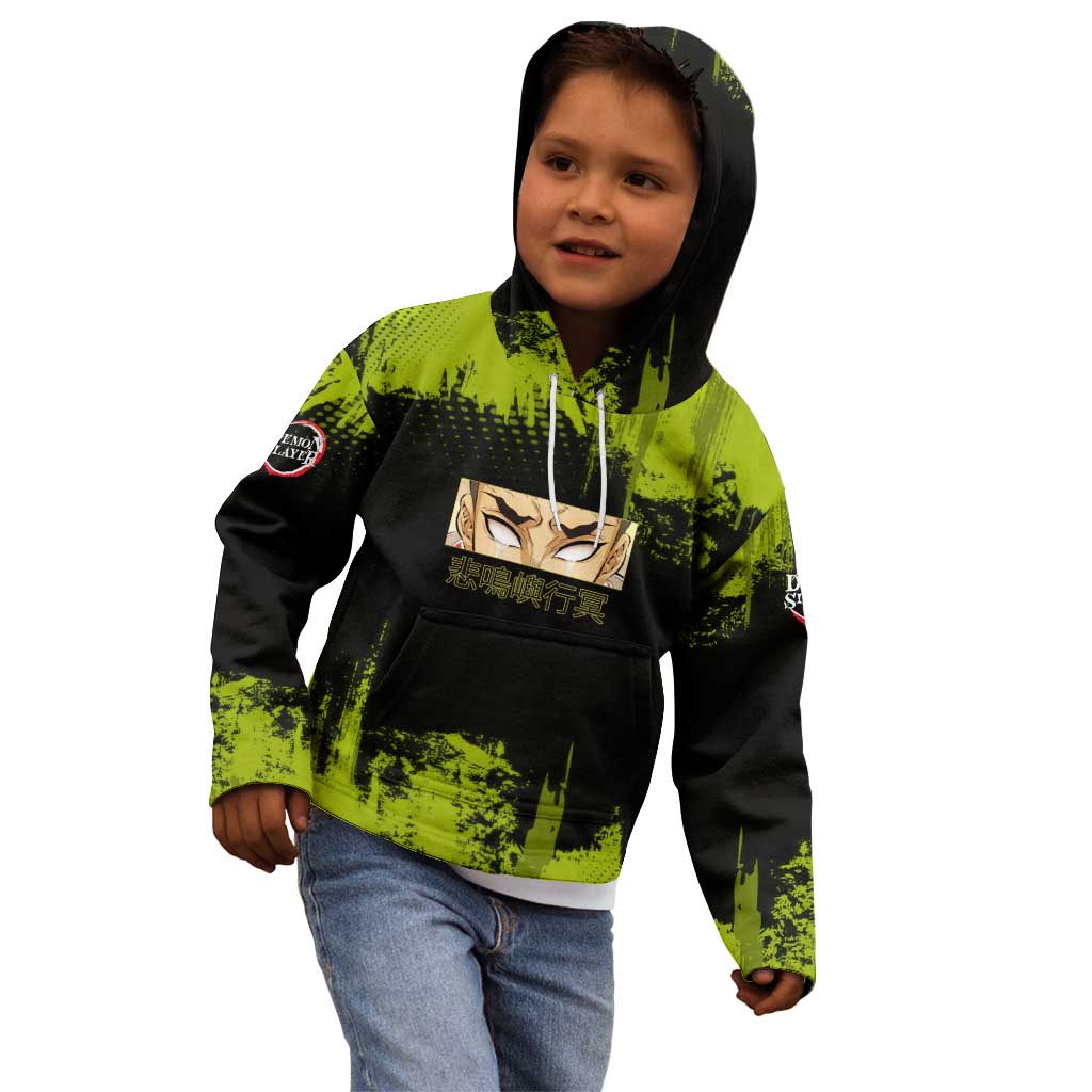 Gyomei Himejima Demon Slayer Bold Green Theme Kid Hoodie with Prayer Pose and Intense Expression Design - The Mazicc