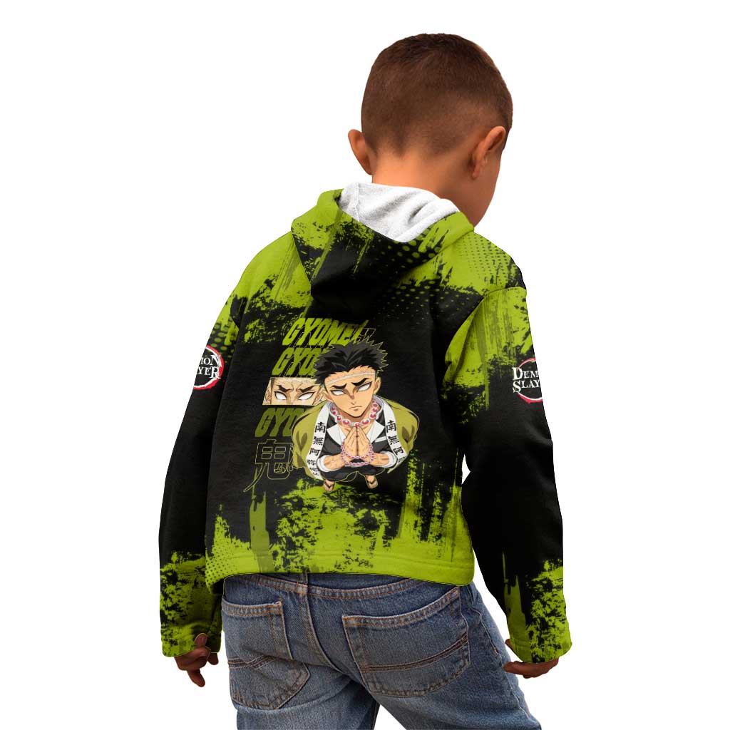 Gyomei Himejima Demon Slayer Bold Green Theme Kid Hoodie with Prayer Pose and Intense Expression Design - The Mazicc