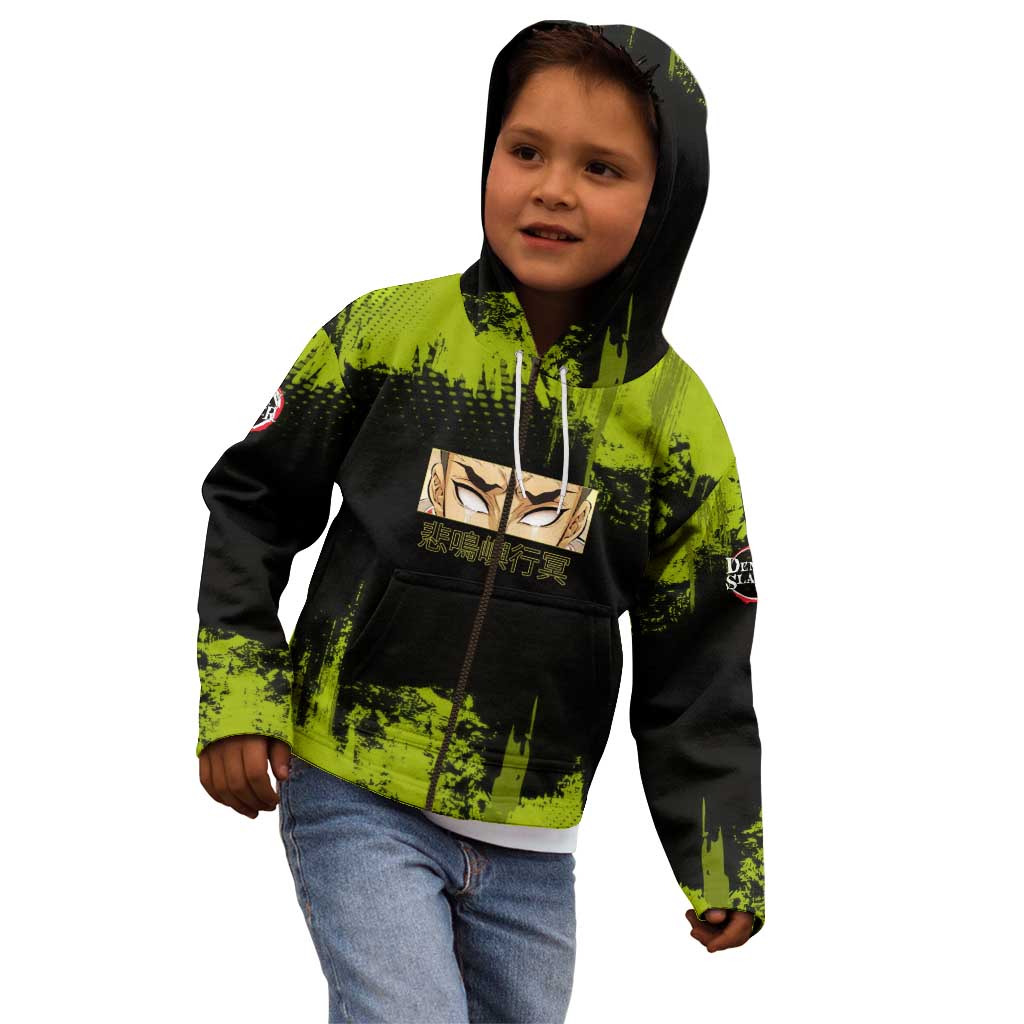 Gyomei Himejima Demon Slayer Bold Green Theme Kid Hoodie with Prayer Pose and Intense Expression Design - The Mazicc