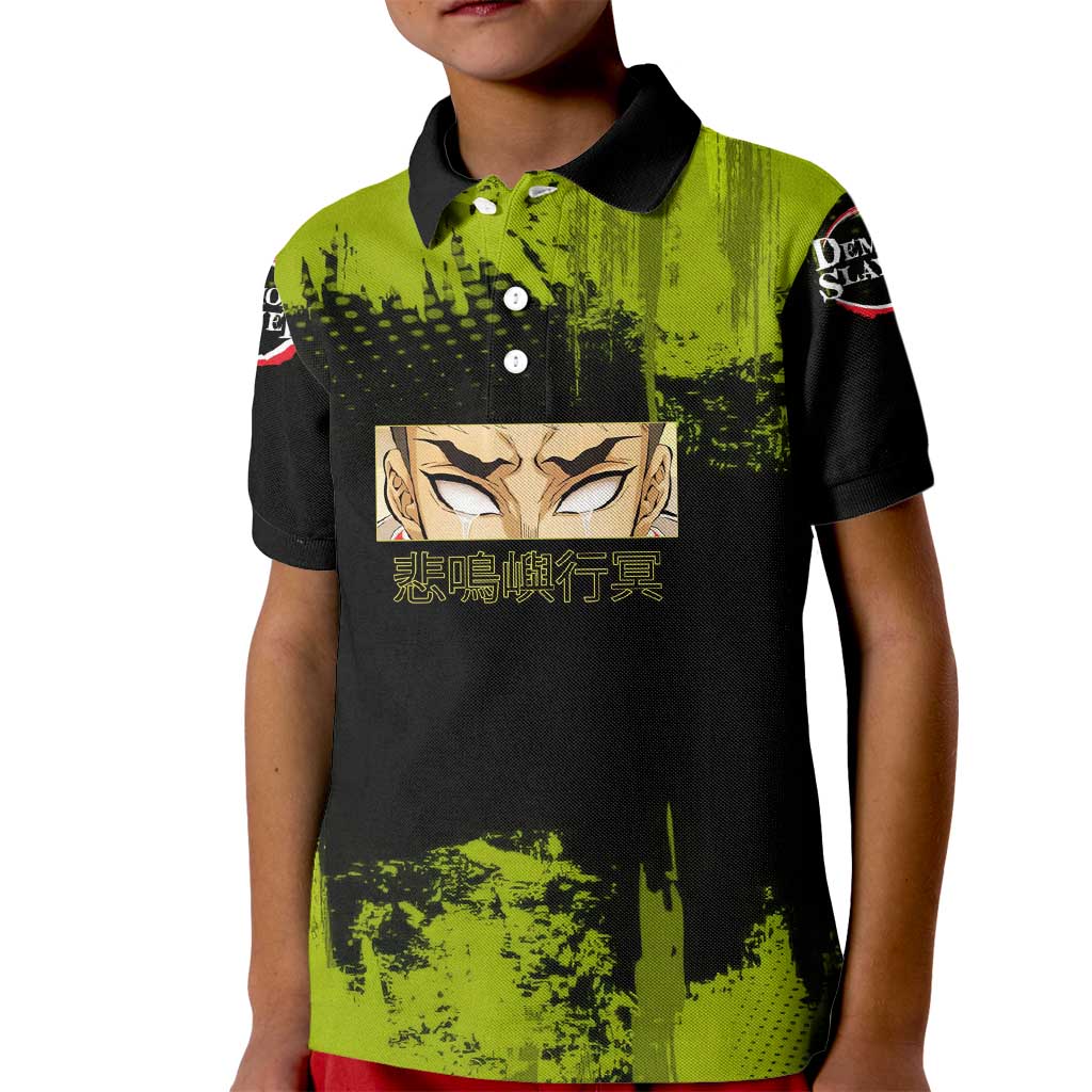 Gyomei Himejima Demon Slayer Bold Green Theme Kid Polo Shirt with Prayer Pose and Intense Expression Design - The Mazicc