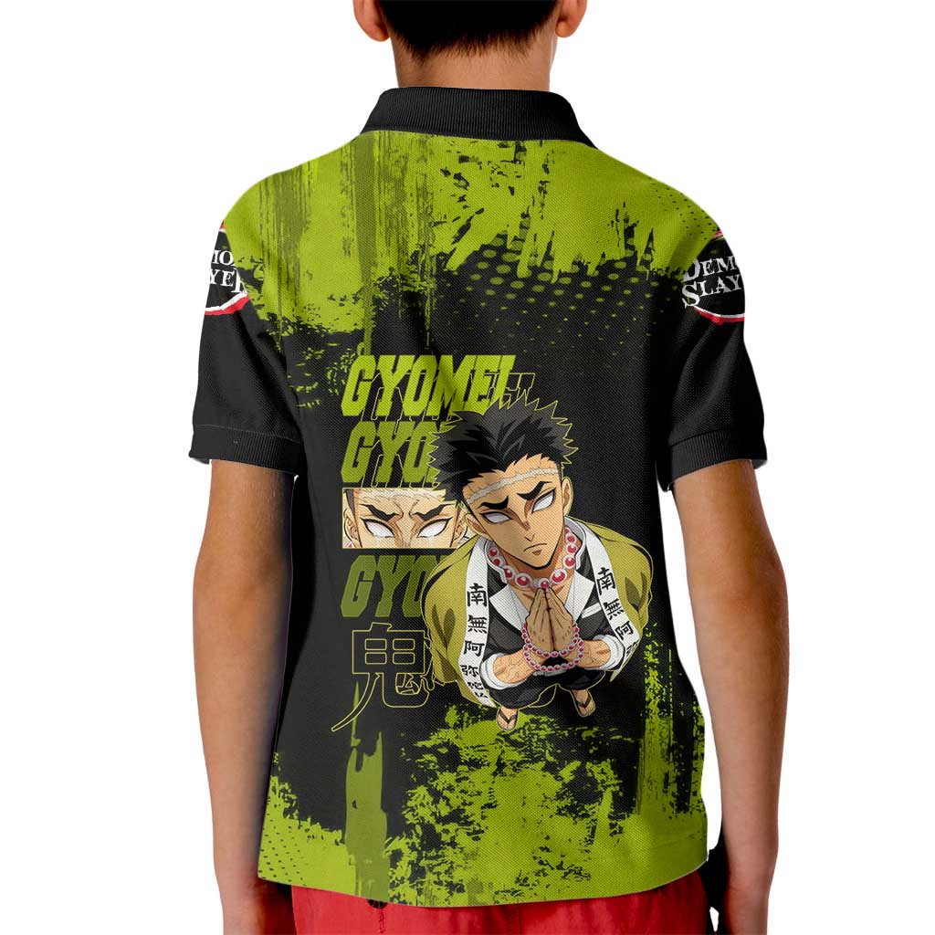 Gyomei Himejima Demon Slayer Bold Green Theme Kid Polo Shirt with Prayer Pose and Intense Expression Design - The Mazicc