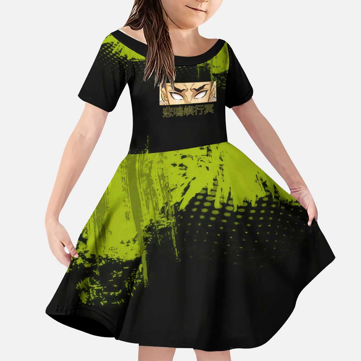 Gyomei Himejima Demon Slayer Bold Green Theme Kid Short Sleeve Dress with Prayer Pose and Intense Expression Design - The Mazicc