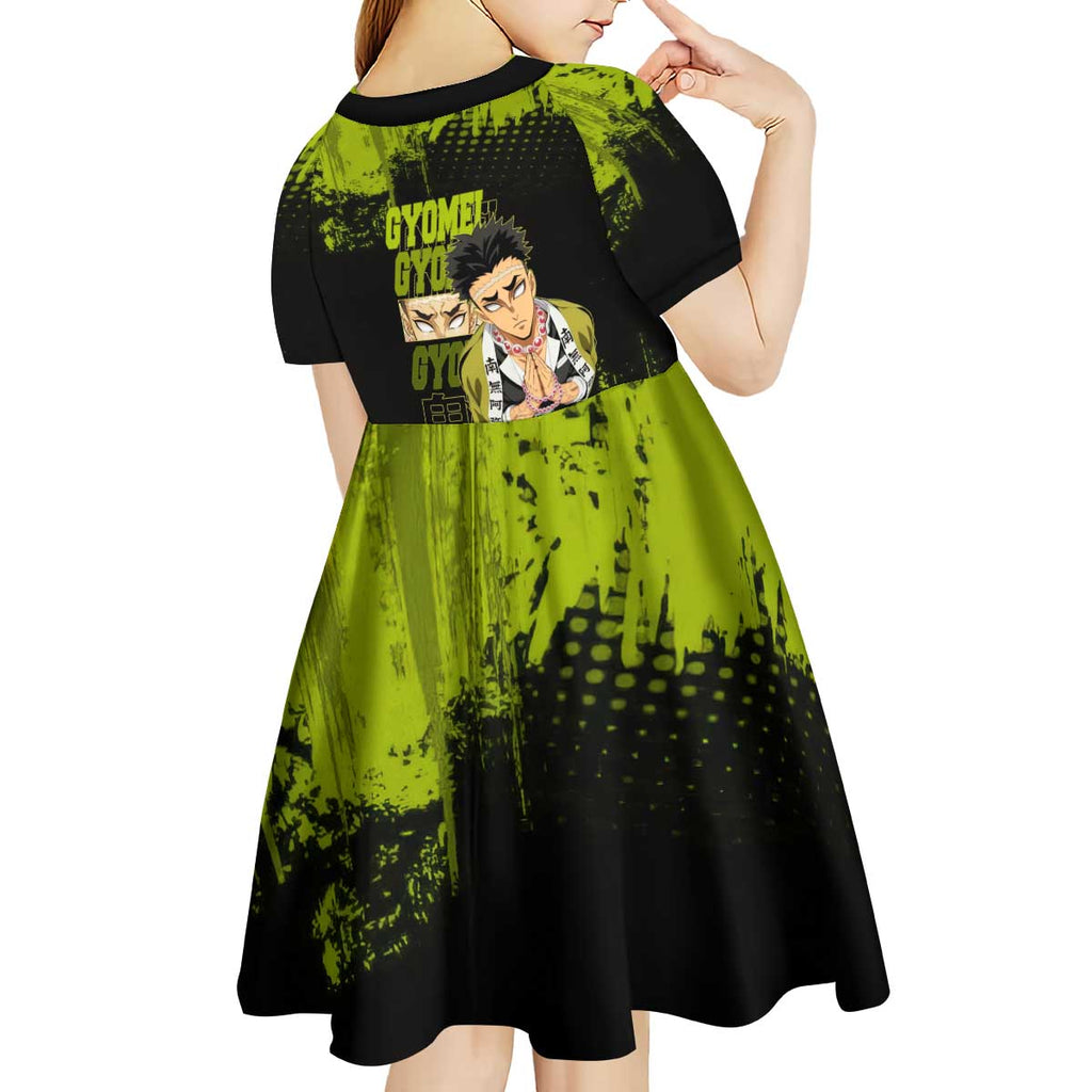 Gyomei Himejima Demon Slayer Bold Green Theme Kid Short Sleeve Dress with Prayer Pose and Intense Expression Design - The Mazicc